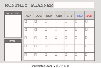 simple gray monthly planner template, schedule design graphic background. calendar illustration