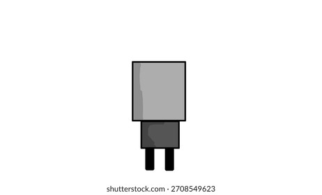 A simple gray power adapter with a rectangular body and two black prongs, drawn in a minimal cartoon style.
