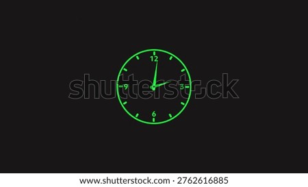 A simple green glow clock face with a black background, showing the hour and minute hands, with green numbers and markers. clock, green, glow. green glow clock face with black background neon