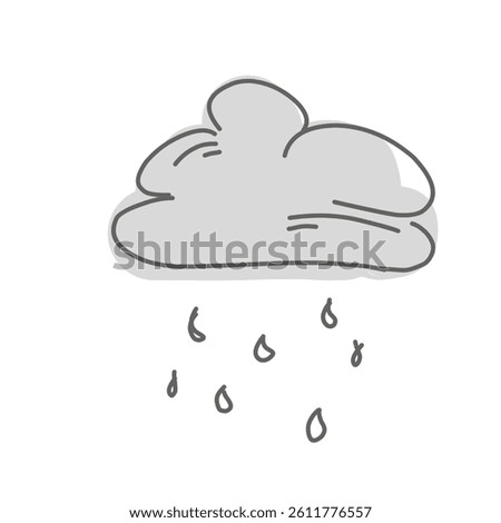 Simple grey cloud with falling raindrops in doodle style.