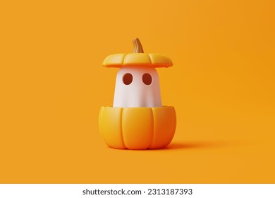 Simple halloween cartoon ghost peeks out of a Jack-o-lantern pumpkin on orange background. Happy Halloween concept. Traditional october holiday. 3d rendering illustration - Powered by Shutterstock