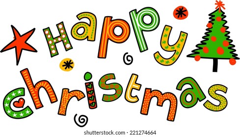 Simple hand drawn doodle text, in a cute and whimsical cartoon style which says - HAPPY CHRISTMAS.