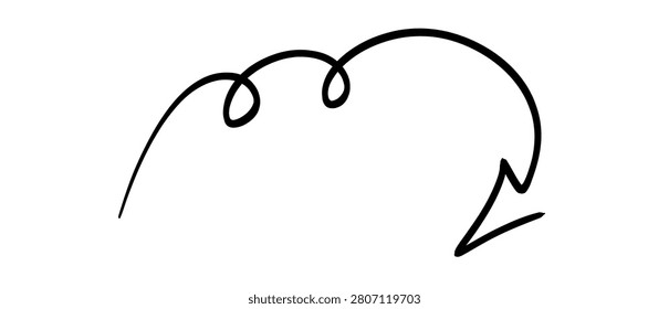 A simple, hand-drawn black arrow with a coiled shape that curves downwards and to the right, isolated on a white background