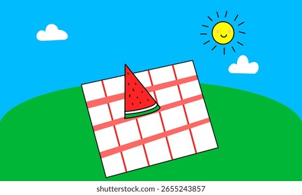 The simple, hand-drawn scene features a slice of juicy watermelon resting on a red and white checkered blanket, spread out on a green grassy hill. 
