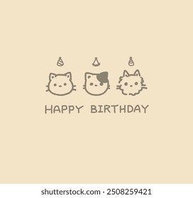 Simple happy birthday card design-three cute  cat heads and birthday hats - Powered by Shutterstock