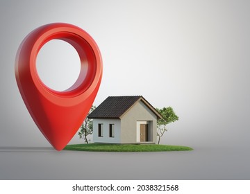 Simple house with location pin icon on white background in real estate sale or property investment concept. Buying land for new home. 3d illustration of big red map pointer symbol near small building.