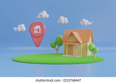 Simple House With Location Pin Icon In Real Estate Sale Or Property Investment Concept. 3d Illustration Of Big Red Map Pointer Symbol Near Small Building. 3d Rendering
