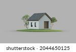 Simple house on white floor with empty wall background in real estate sale or property investment concept. Buying land for new home. 3d illustration of residential building exterior.