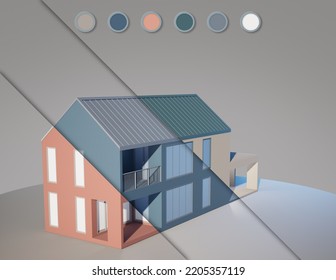 Simple House With White Metal Roof And Colorful Wall. 3d Rendering Of Exterior Residential Building.