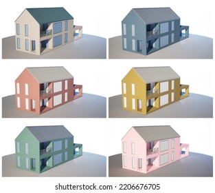 Simple House With White Metal Roof And Colorful Wall. 3d Rendering Of Exterior Residential Building.