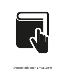 Simple Icon Of Hand Pointing At Book. Cursor, Choice, Reference Data. Book Concept. Can Be Used For Application Icons, Information Boards And Web Pictograms