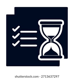 Simple icon representing time management, task completion, and deadline concept with a checklist and an hourglass silhouette on a dark background