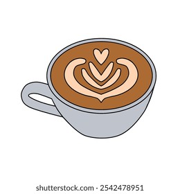 Simple illustration of a cup of coffee with latte art in the shape of a heart and leaf pattern. This minimalist flat image is suitable for cafe themes, drinks or coffee designs. - Powered by Shutterstock