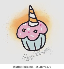 simple illustration of a cupcake with pink frosting. The cupcake has a decoration that resembles a unicorn horn on the top, white with orange stripes. The words "Happy Birthday" are written in elegant - Powered by Shutterstock