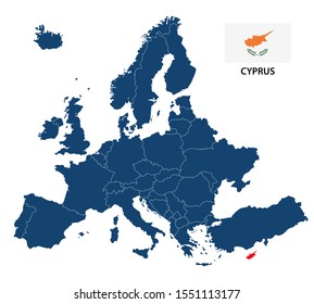 Simple Illustration Of A Map Of Europe With Highlighted Cyprus And Cypriot Flag Isolated On A White Background