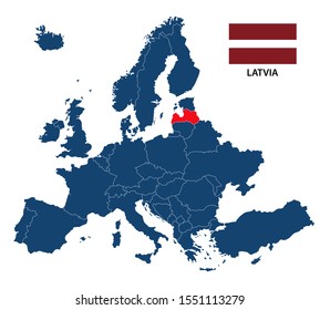 Simple Illustration Of A Map Of Europe With Highlighted Latvia And Latvian Flag Isolated On A White Background