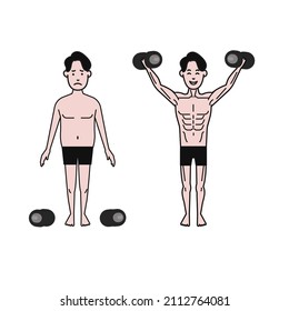 A simple illustration that can also be used for line drawing videos white background muscle trebi for after young men wearing black boxer shorts and dumbbells