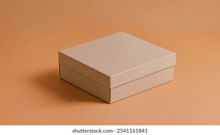 Simple image of a closed cardboard box sitting on a plain tan background. Premium packaging box mockup for displaying a marketing advertisement for a product.