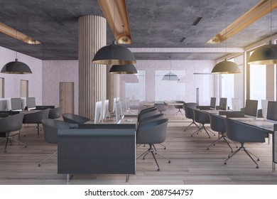 Simple Industrial Coworking Loft Office Interior With Furniture, Computer Monitors, Wooden, Flooring And Window With City View And Daylight. Workplace And No People Concept. 3D Rendering