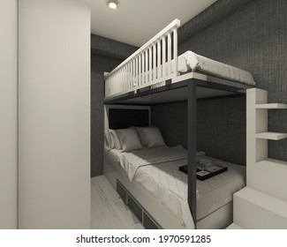 Simple Kids Bedroom Idea With Bunk Bed. 3d Rendering, 3d Illustration. 