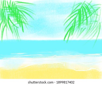 Simple Landscape Sketch. Tropical Beach, Ocean, Pelmtrees. Coconut Palm Trees Against Blue Sky And Beautiful Beach. Vacation Holidays Background Wallpaper. View Of Nice Tropical Beach.