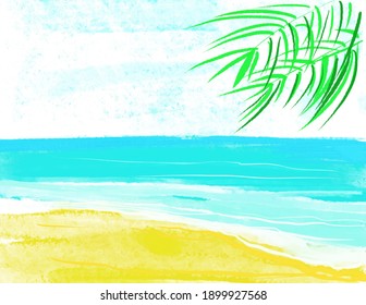 Simple Landscape Sketch. Tropical Beach, Ocean, Pelmtrees. Coconut Palm Trees Against Blue Sky And Beautiful Beach. Vacation Holidays Background Wallpaper. View Of Nice Tropical Beach.