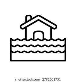 A simple line art vector icon depicting a house submerged in floodwaters.