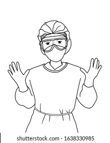 Simple Line Draw Doctor Wearing Personal Protective Equipment, N95 Mask, Goggles, Caps, Gloves And Cloths For Infectious Disease Outbreaks Protection