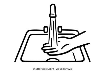 A simple line drawing shows two hands being washed under running water from a faucet in a sink. The water flows downwards, emphasizing cleanliness and hygiene.