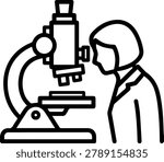 Simple line drawing vector icon of a researcher closely observing through a microscope, emphasizing scientific exploration and discovery.