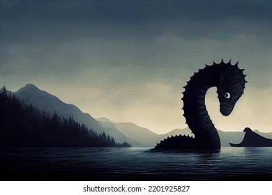 Simple Loch Ness Monster Illustration With Simple Landscape And Lake In The Background Known From Pseudoscience And Cryptozoology.