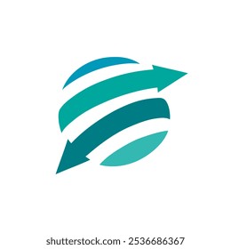 A simple logo design of an abstract globe with two opposite arrows in aqua color - Powered by Shutterstock