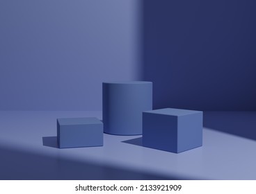 간단한 어두운 색, 파스텔톤 파란색 3개의 연단 또는 제품 디스플레이용 스탠드 구성 오른쪽에서 창 빛이 들어오는 3D 형상 렌더링 배경 스톡 일러스트