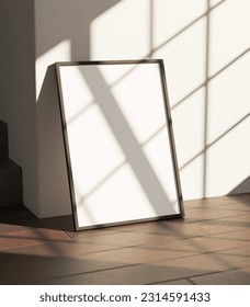 simple minimalist frame mockup poster laying on the wooden floor got sunlight from window. 5x7 frame mockup