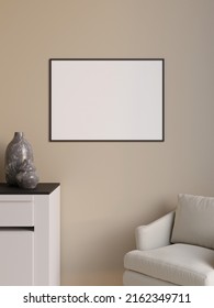 Simple And Minimalist Horizontal Black Poster Or Photo Frame Mockup On The Wall In The Living Room. 3d Rendering.