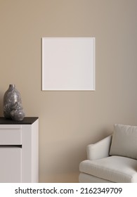 Simple and minimalist square white poster or photo frame mockup on the wall in the living room. 3d rendering.