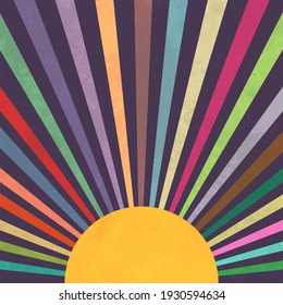 A simple, minimalist style design of the summer sun with rays in various colors.