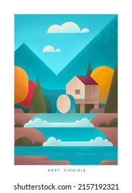 Simple minimalistic travel posters with grain effect. National parks of the USA and landmarks. Road trip. West Virginia.