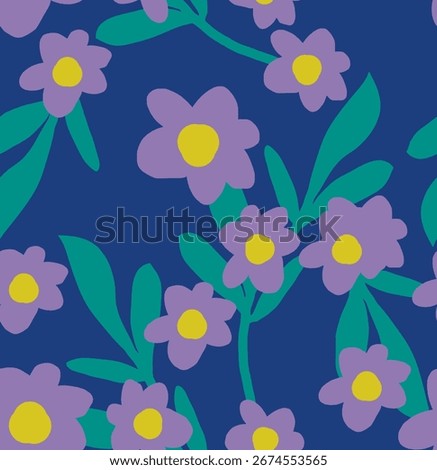 Simple naive floral seamless pattern. Cute retro flowers on a blue background for kids fabric and apparel.