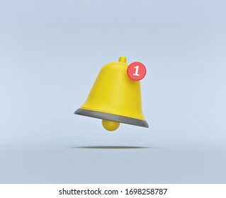 simple Notification bell icon isolated on pastel background. one new notification concept. Social Media element. 3d rendering