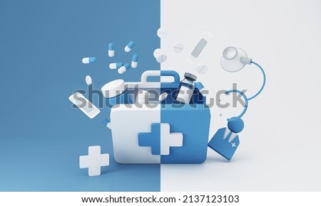Simple open blue first aid kit with medicines for drugstore category Includes wound bandage, pill box, stethoscope, and vaccine with and lots of pills and capsules. on blue 3d render BeH3althy