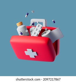 Simple open red first aid kit and with medicines for drugstore category 3d render illustration 
