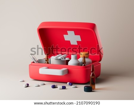 Simple open red first aid kit with with medicines for drugstore category on floor 3d render illustration. 商業照片 © 