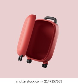 Simple Open Red Suitcase For Travel 3d Render Illustration.