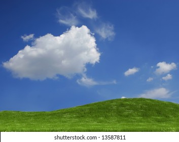 A Simple Outdoor Scene With Green Grass And Blue Sky In Background - Rendered In 3d