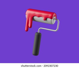 Simple paint roller with dripping red paint 3d render illustration.