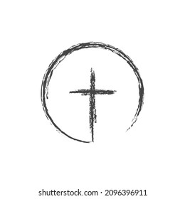 Simple pencil drawing cross in circle  Flat isolated Christian illustration  biblical background 