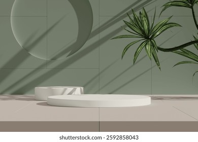 Simple podium setup with a green wall and abstract shadows.