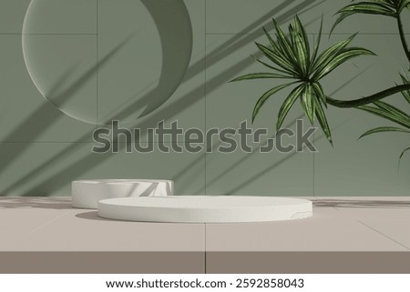 Simple podium setup with a green wall and abstract shadows.