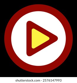 A simple red circular button, with yellow triangular play symbol centered inside. Clean lines and minimalist design. Instantly recognizable media control icon.
